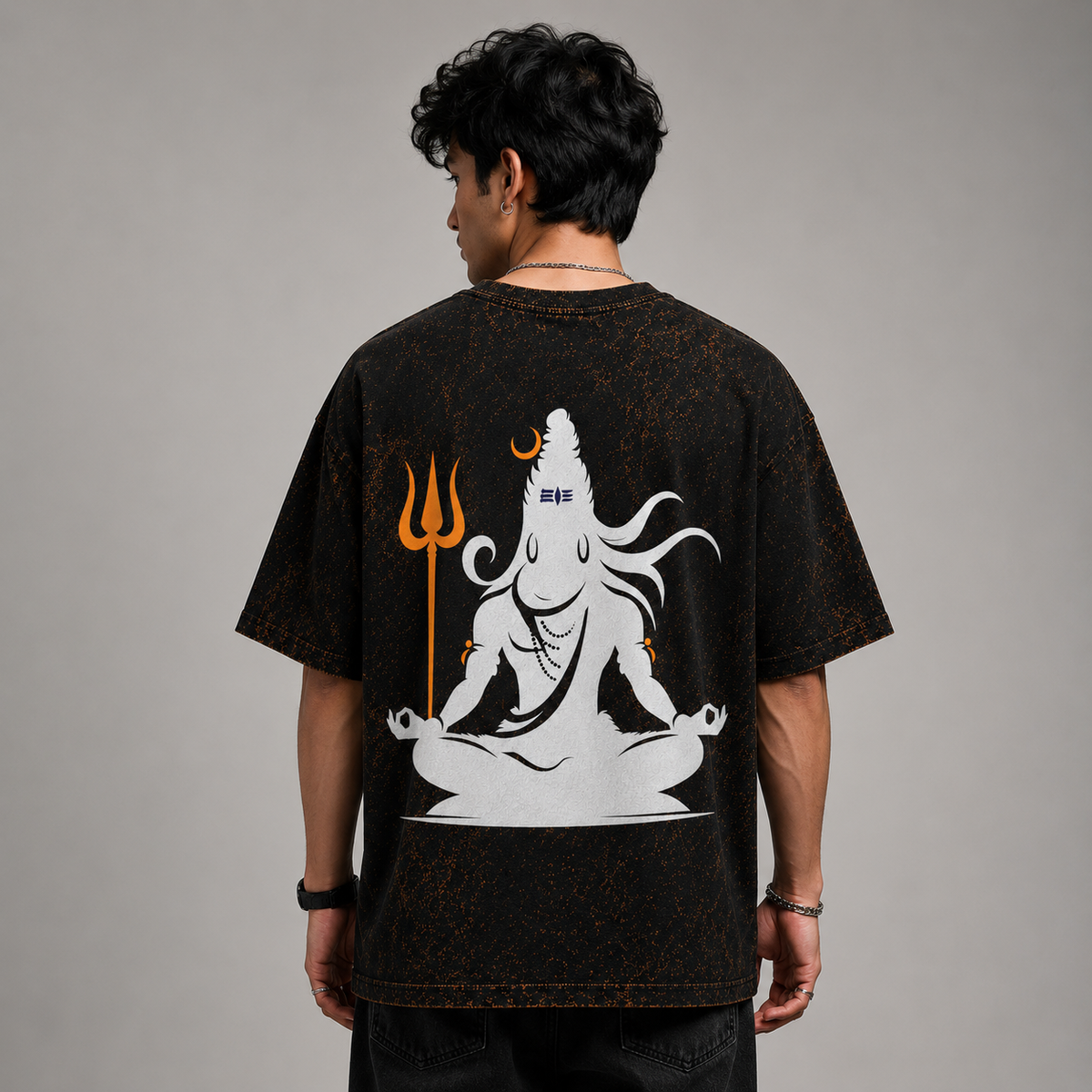Mahadev Trishul Acid Wash Oversized T-Shirt – Shiva Back Print Spiritual Graphic Tee