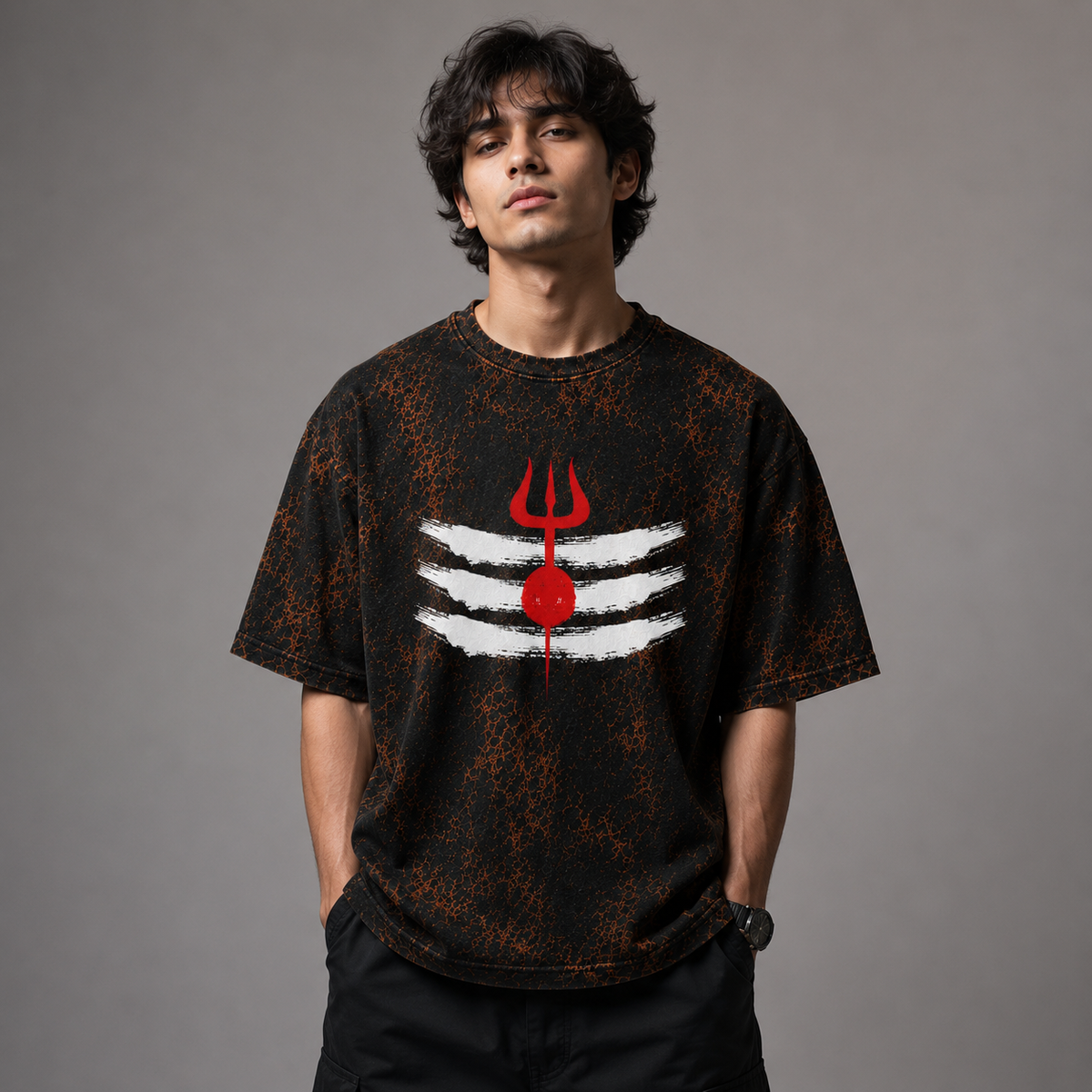 Mahadev Trishul Acid Wash Oversized T-Shirt – Shiva Spiritual Back Print Tee