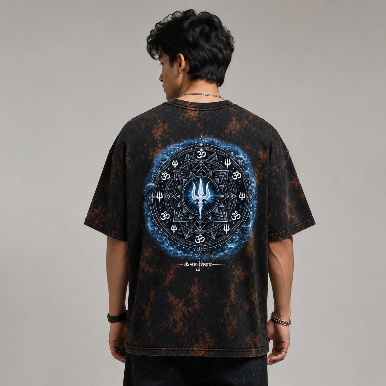 Acid Wash | Mahadev Trishul Front & Back Printed T-Shirt – Spiritual Shiva Graphic Tee, Premium Cotton Unisex Oversized AcidWash Tshirt, Black Round Neck Devotional T-Shirt