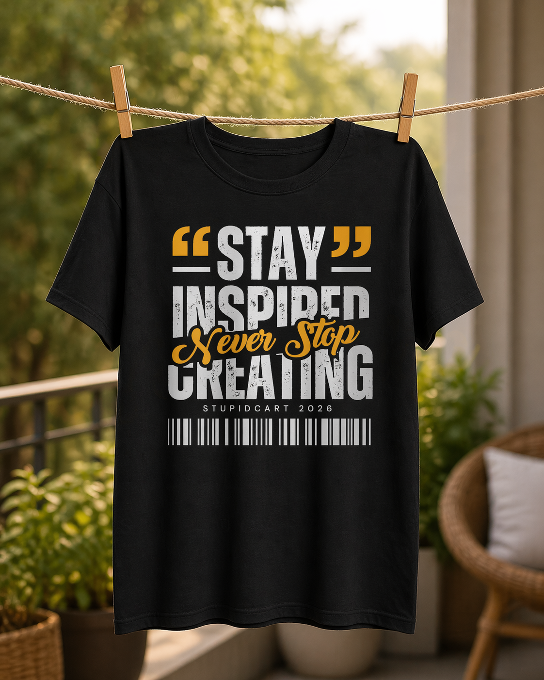 Stay Inspired Never Stop Creating Typography Printed T-Shirt | Premium Cotton Unisex Motorcycle Shirt, Front & Back Print Streetwear, Stylish Black Round Neck T-Shirt
