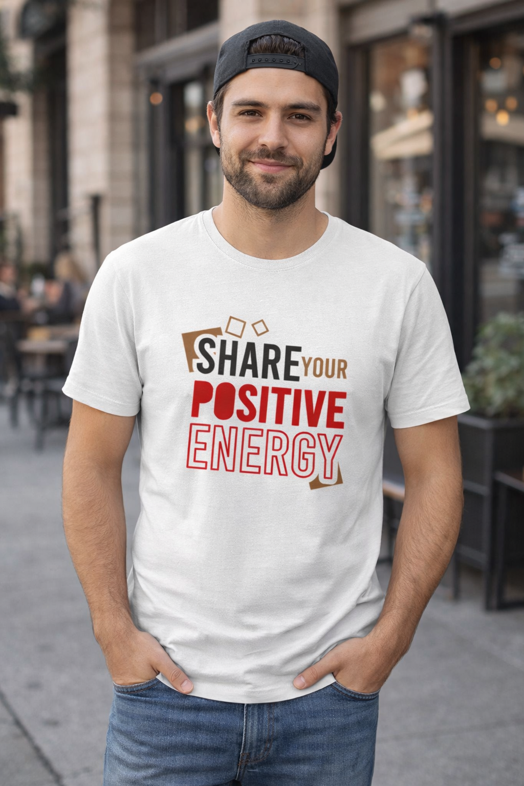 Share Your Positive Energy Printed T-Shirt – Motivational Graphic Tee, Premium Cotton Unisex Casual Wear, Inspirational Quote Shirt, Trendy White Round Neck T-Shirt