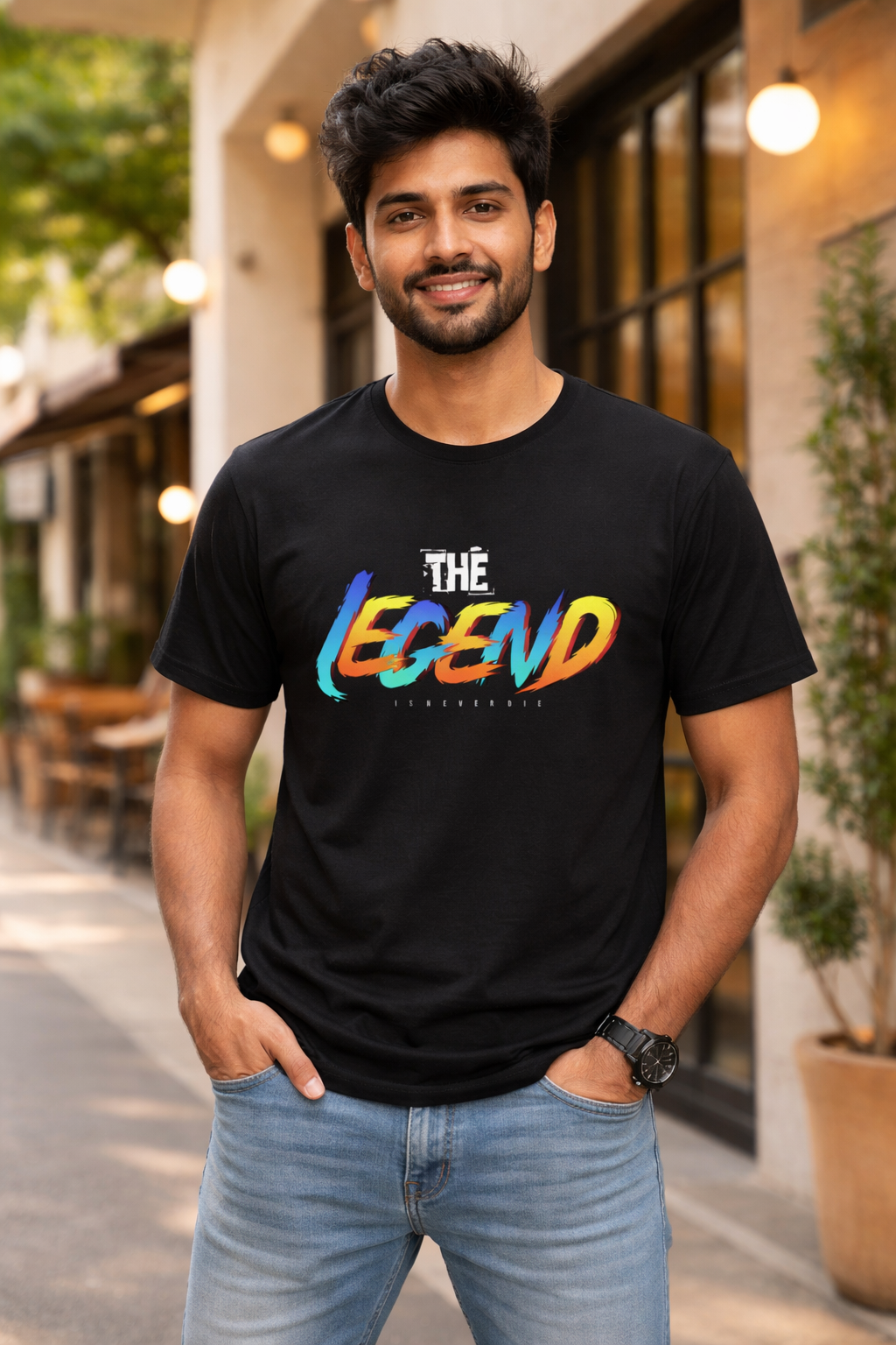 The Legend Is Never Die Printed T-Shirt – Bold Typography Graphic Tee, Premium Cotton Unisex Casual Wear, Motivational Streetwear Shirt, Stylish Black Round Neck T-Shirt