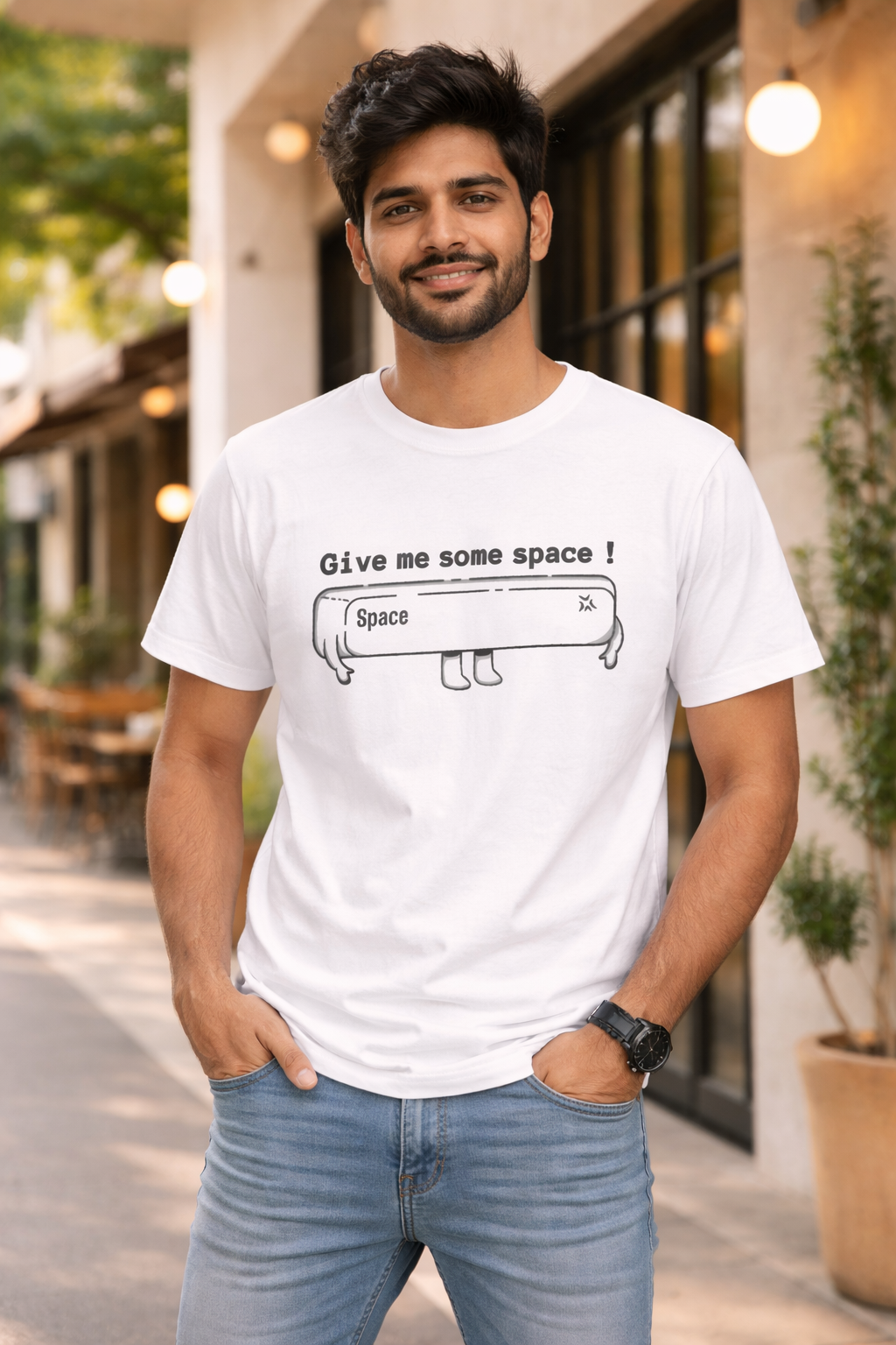 Give Me Some Space Funny Printed T-Shirt – Cute Cartoon Graphic Tee, Premium Cotton Unisex Casual Wear, Introvert Humor Shirt, Trendy White Round Neck T-Shirt