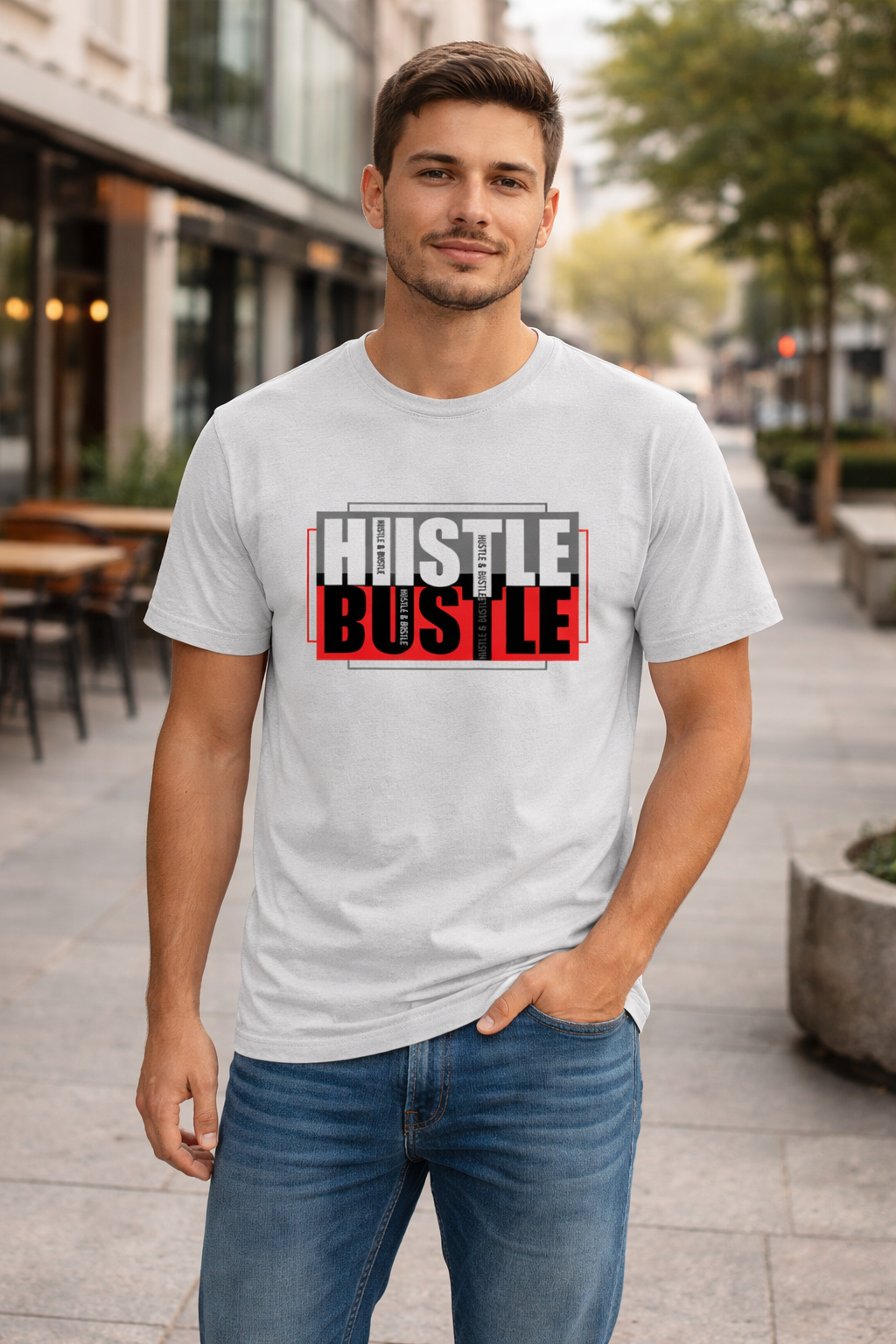 Hustle Bustle Graphic T-Shirt for Men & Women, Motivational Streetwear Tee, Casual Cotton Printed T Shirt, Trendy Typography Design Shirt, Stylish Everyday Wear Clothing
