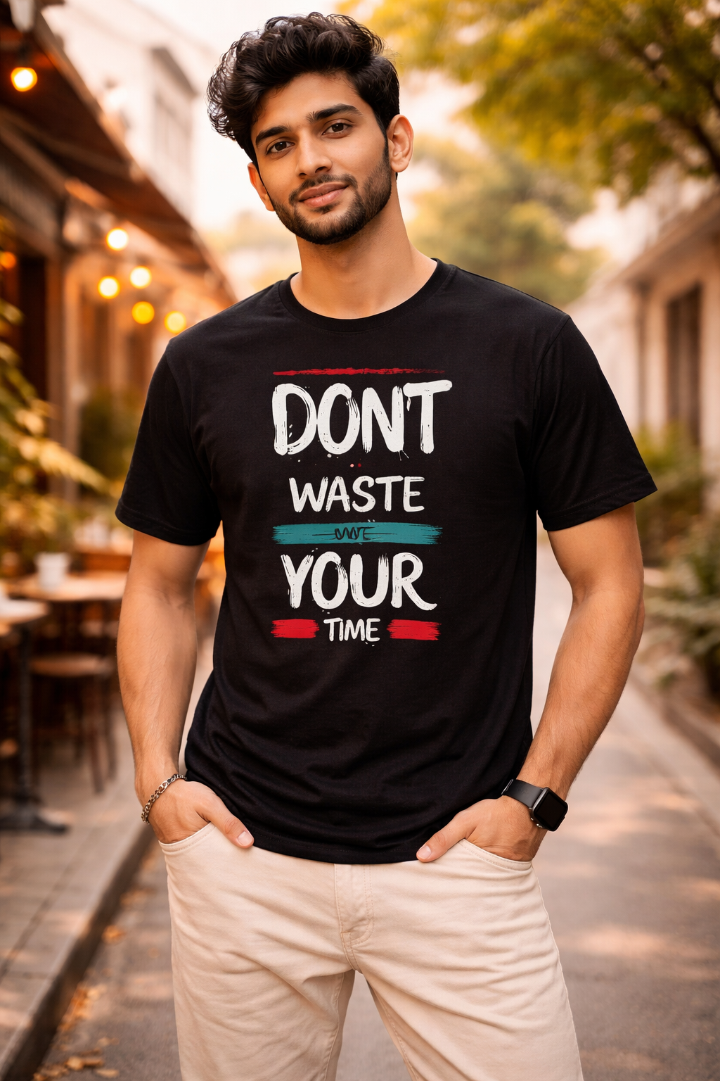 Don’t Waste Your Time Motivational T-Shirt for Men & Women, Inspirational Graphic Printed Cotton Tee, Trendy Typography Casual Wear Shirt, Stylish Black Streetwear Outfit