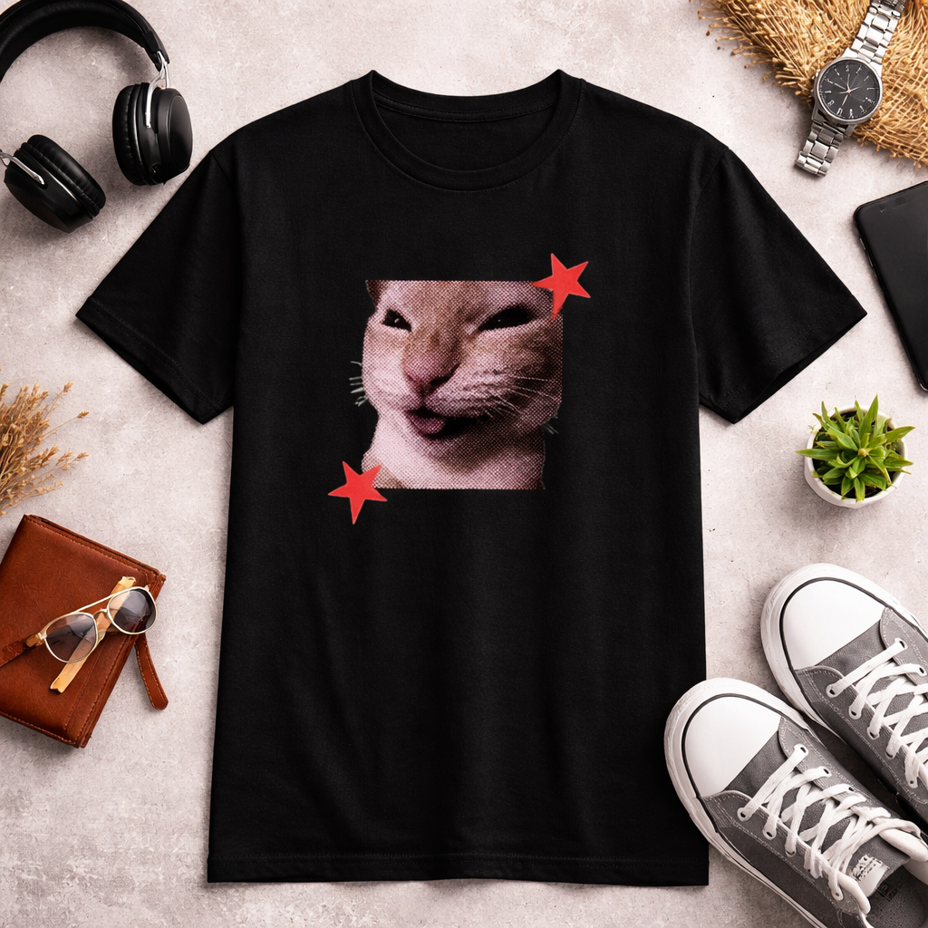 Funny Cat Graphic Printed White T-Shirt for Men & Women – Cute Meme Cat Face Design Round Neck Half Sleeves Cotton Casual Streetwear Unisex Tee