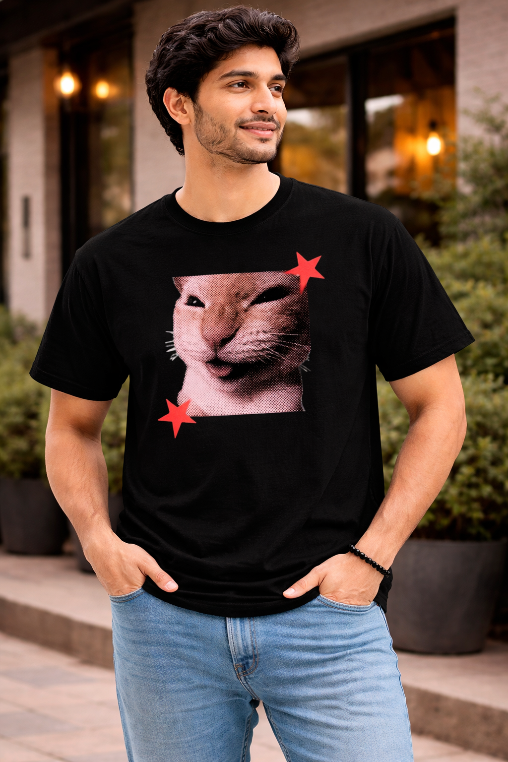 Funny Cat Graphic Printed White T-Shirt for Men & Women – Cute Meme Cat Face Design Round Neck Half Sleeves Cotton Casual Streetwear Unisex Tee