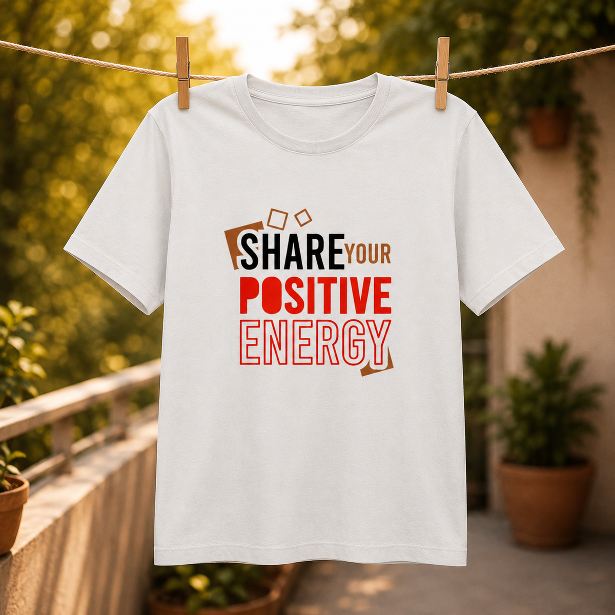 Share Your Positive Energy Printed T-Shirt – Motivational Graphic Tee, Premium Cotton Unisex Casual Wear, Inspirational Quote Shirt, Trendy White Round Neck T-Shirt