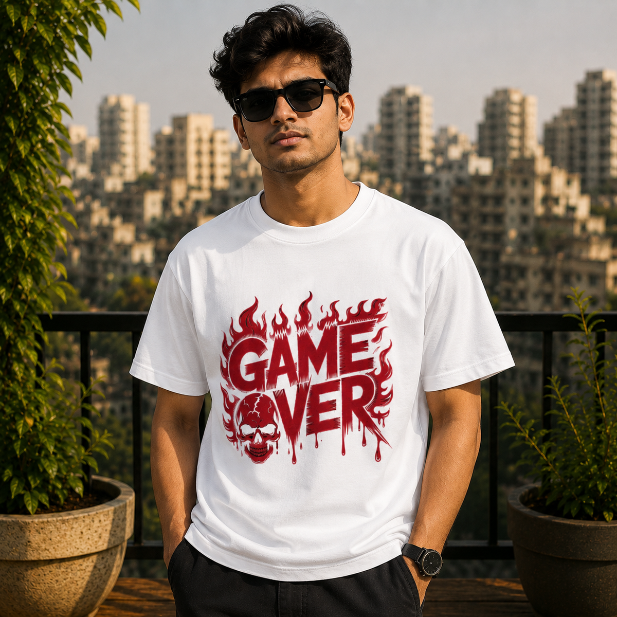 Game Over Skull Graphic Printed Black T-Shirt for Men & Women – Gothic Gamer Horror Design Round Neck Half Sleeves Cotton Casual Streetwear Unisex Tee