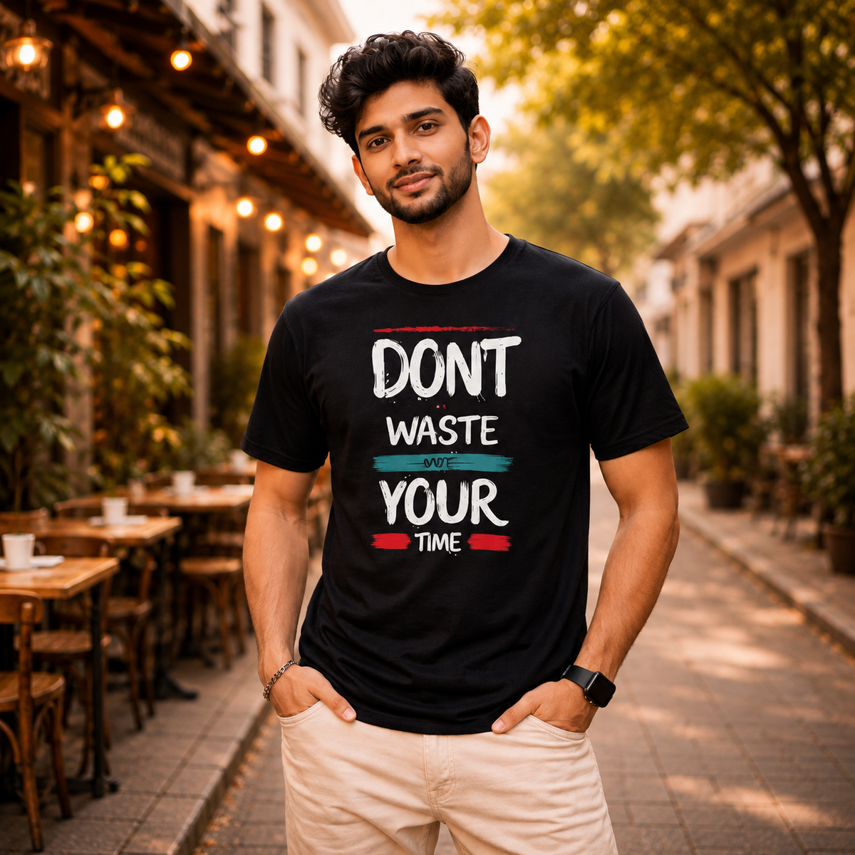 Don’t Waste Your Time Motivational T-Shirt for Men & Women, Inspirational Graphic Printed Cotton Tee, Trendy Typography Casual Wear Shirt, Stylish Black Streetwear Outfit
