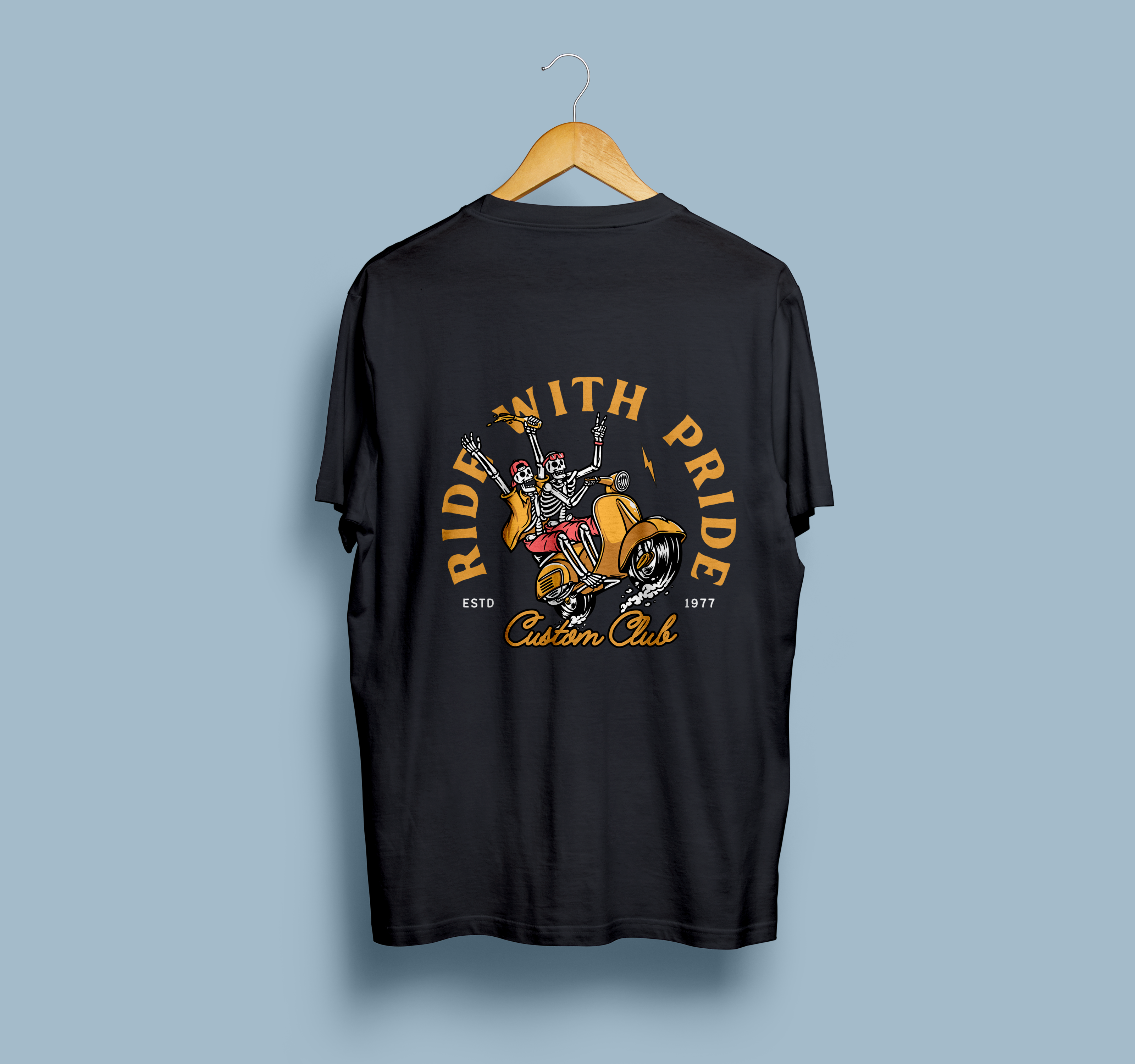 Ride With Pride Custom Club Printed T-Shirt – Skeleton Biker Graphic Tee, Premium Cotton Unisex Motorcycle Shirt, Front & Back Print Streetwear, Stylish Black Round Neck T-Shirt