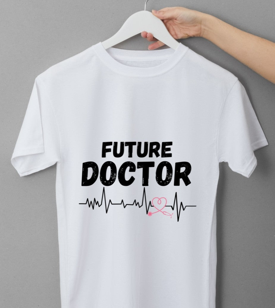 Future Doctor Graphic Printed White T-Shirt for Men & Women – Medical Student Heartbeat Stethoscope Design Round Neck Half Sleeves Cotton Casual Tee