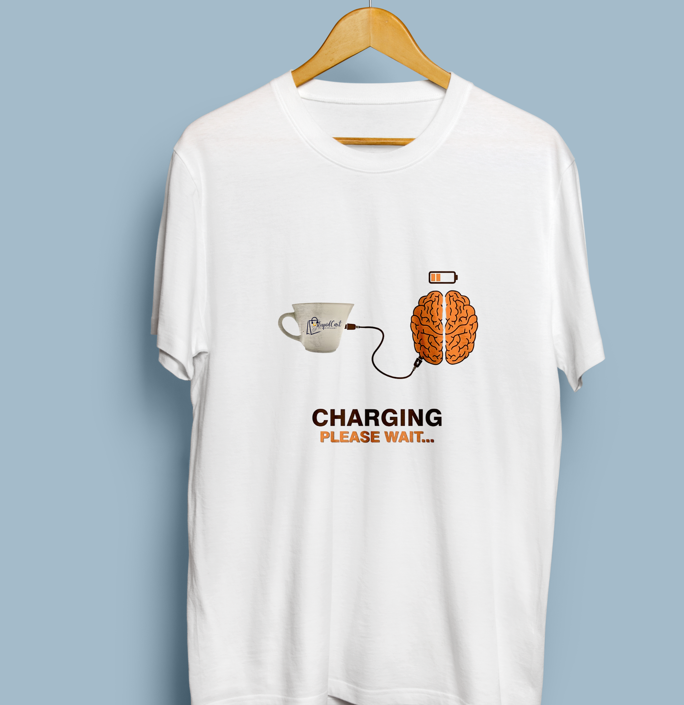 Charging Please Wait Graphic Printed White T-Shirt for Men & Women – Funny Coffee Brain Design Round Neck Half Sleeves Casual Cotton Tee Unisex Statement Top