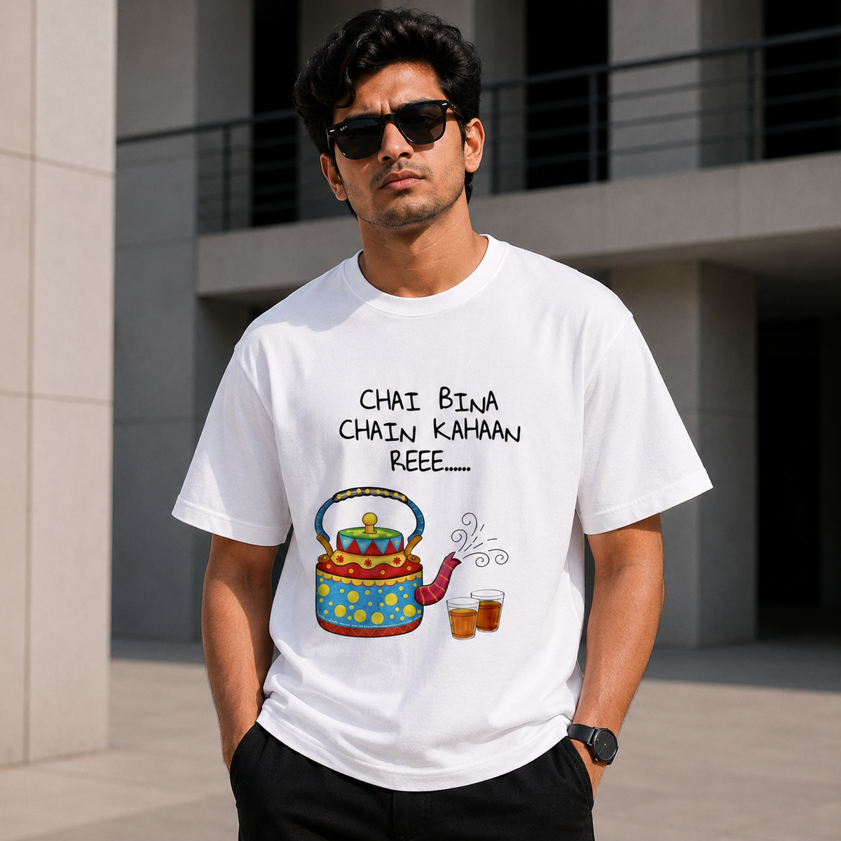 Chai Bina Chain Kahaan Reee Printed White T-Shirt for Men & Women – Funny Indian Chai Lover Graphic Round Neck Half Sleeves Cotton Casual Wear Tee