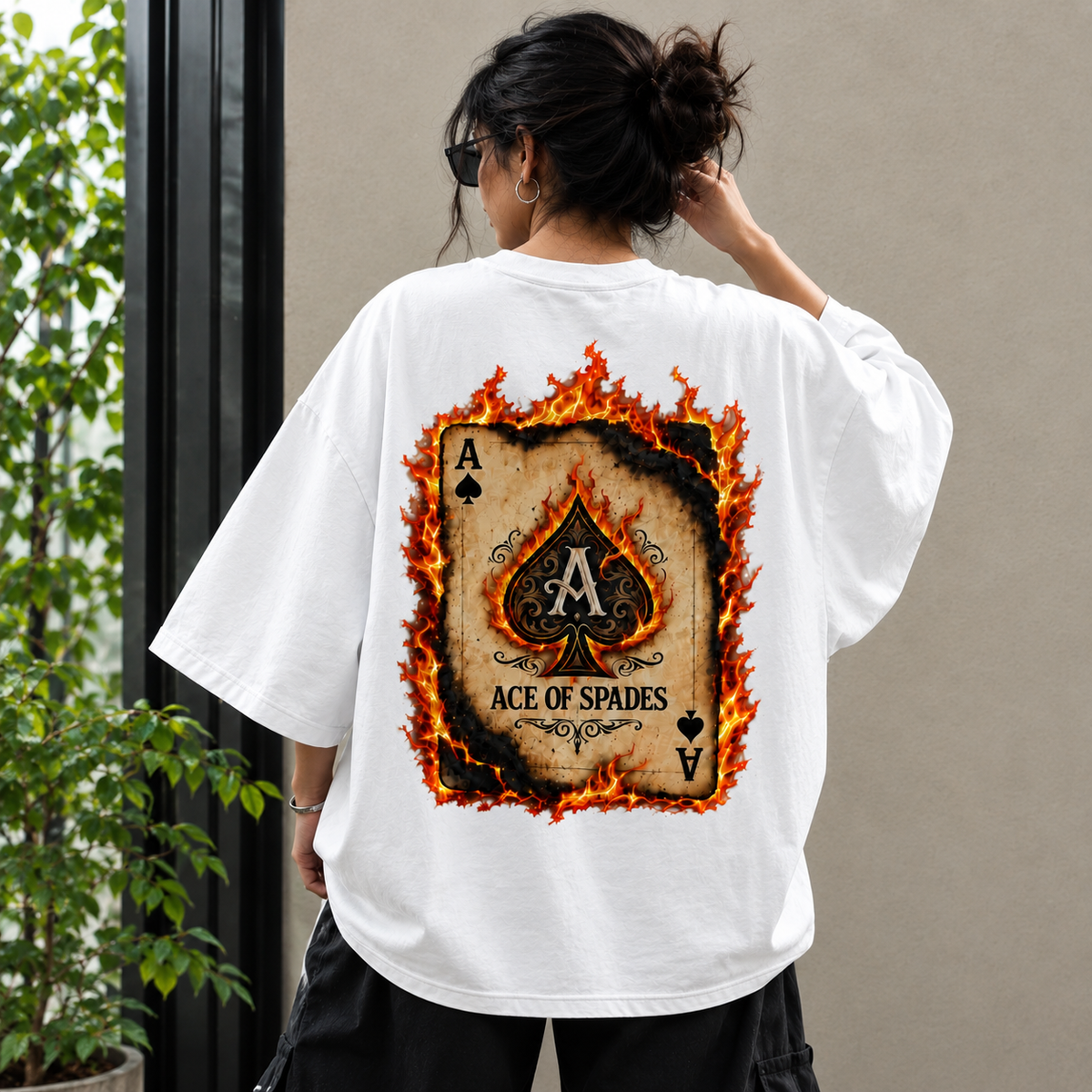 Flaming Ace of Spades Graphic, Premium Cotton Streetwear Casual Wear | Unisex White Oversized T-Shirt