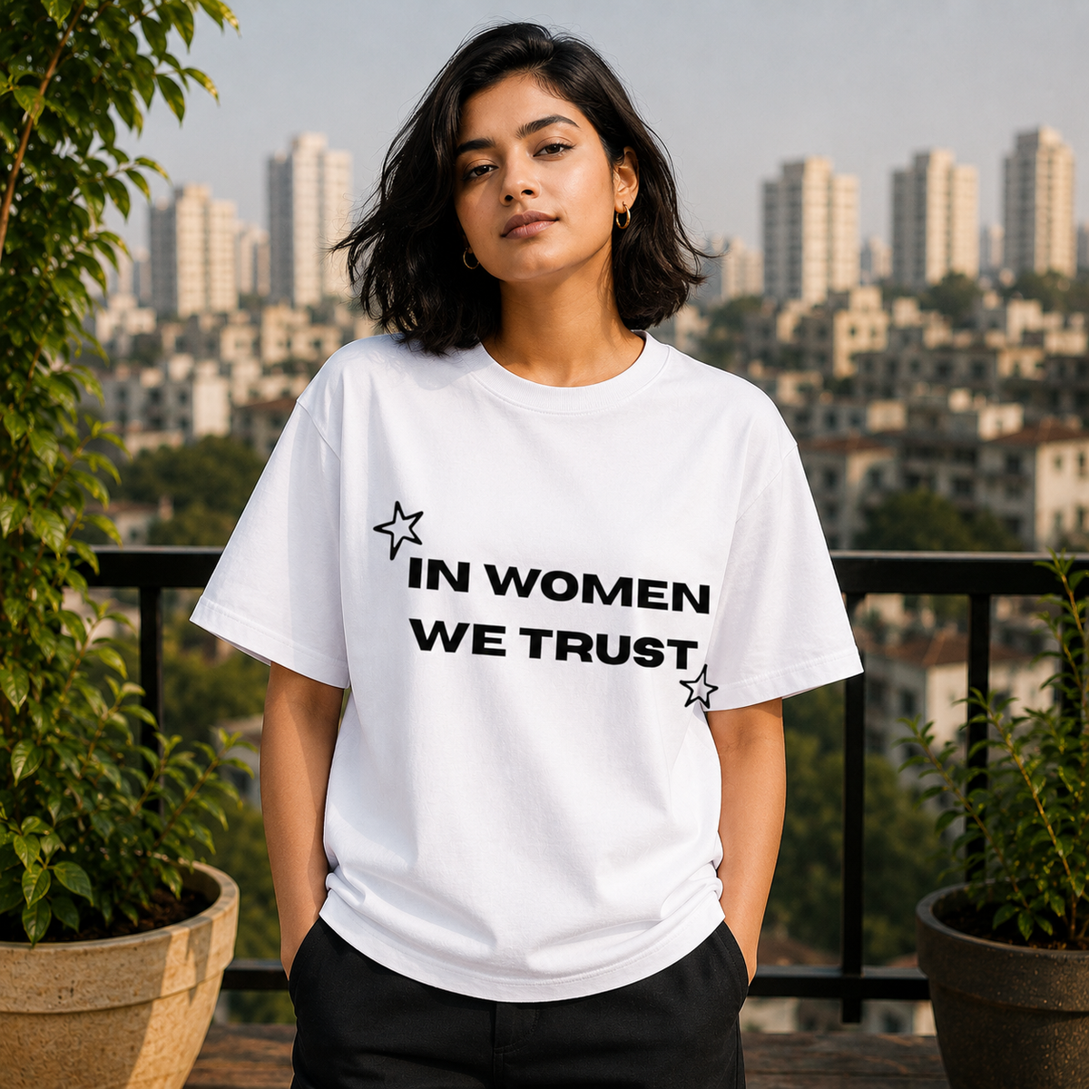 In Women We Trust Printed White T-Shirt for Men & Women – Feminist Statement Graphic Round Neck Half Sleeves Cotton Casual Unisex Empowerment Tee
