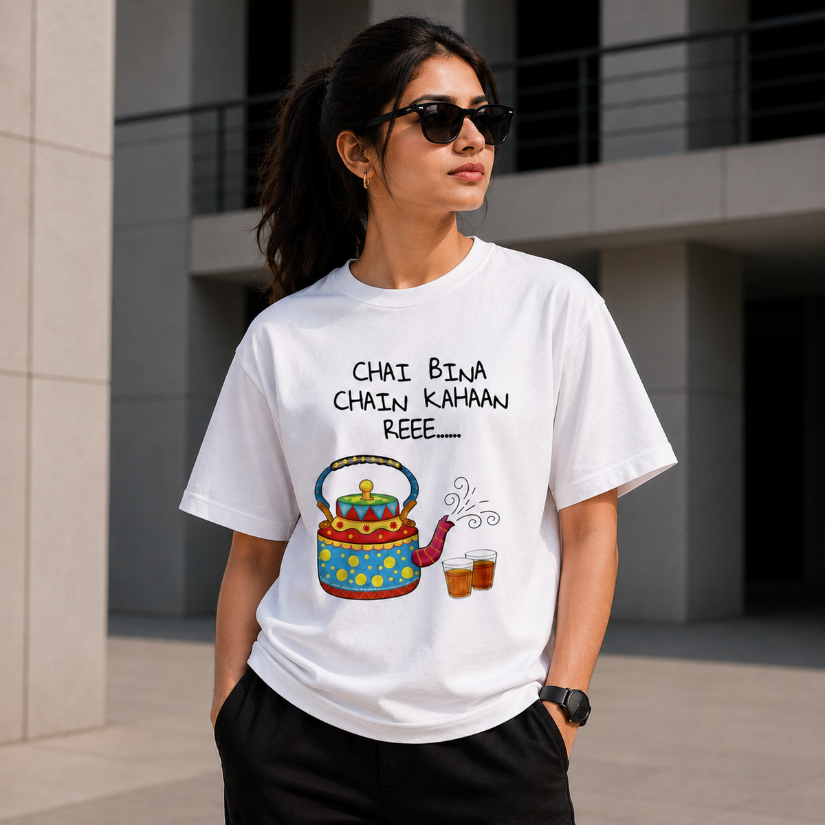 Chai Bina Chain Kahaan Reee Printed White T-Shirt for Men & Women – Funny Indian Chai Lover Graphic Round Neck Half Sleeves Cotton Casual Wear Tee