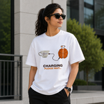Charging Please Wait Graphic Printed White T-Shirt for Men & Women – Funny Coffee Brain Design Round Neck Half Sleeves Casual Cotton Tee Unisex Statement Top
