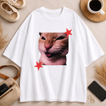 Funny Cat Graphic Printed White T-Shirt for Men & Women – Cute Meme Cat Face Design Round Neck Half Sleeves Cotton Casual Streetwear Unisex Tee