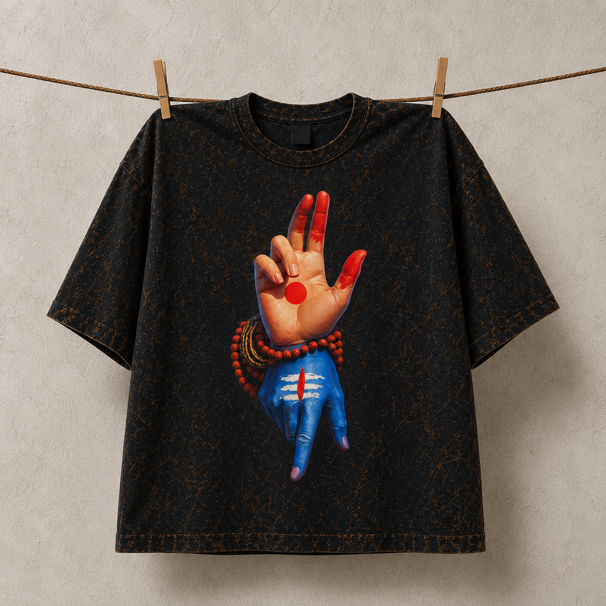 Mahadev Shiva Hand Mudra Acid Wash Oversized T-Shirt – Spiritual Graphic Streetwear Tee