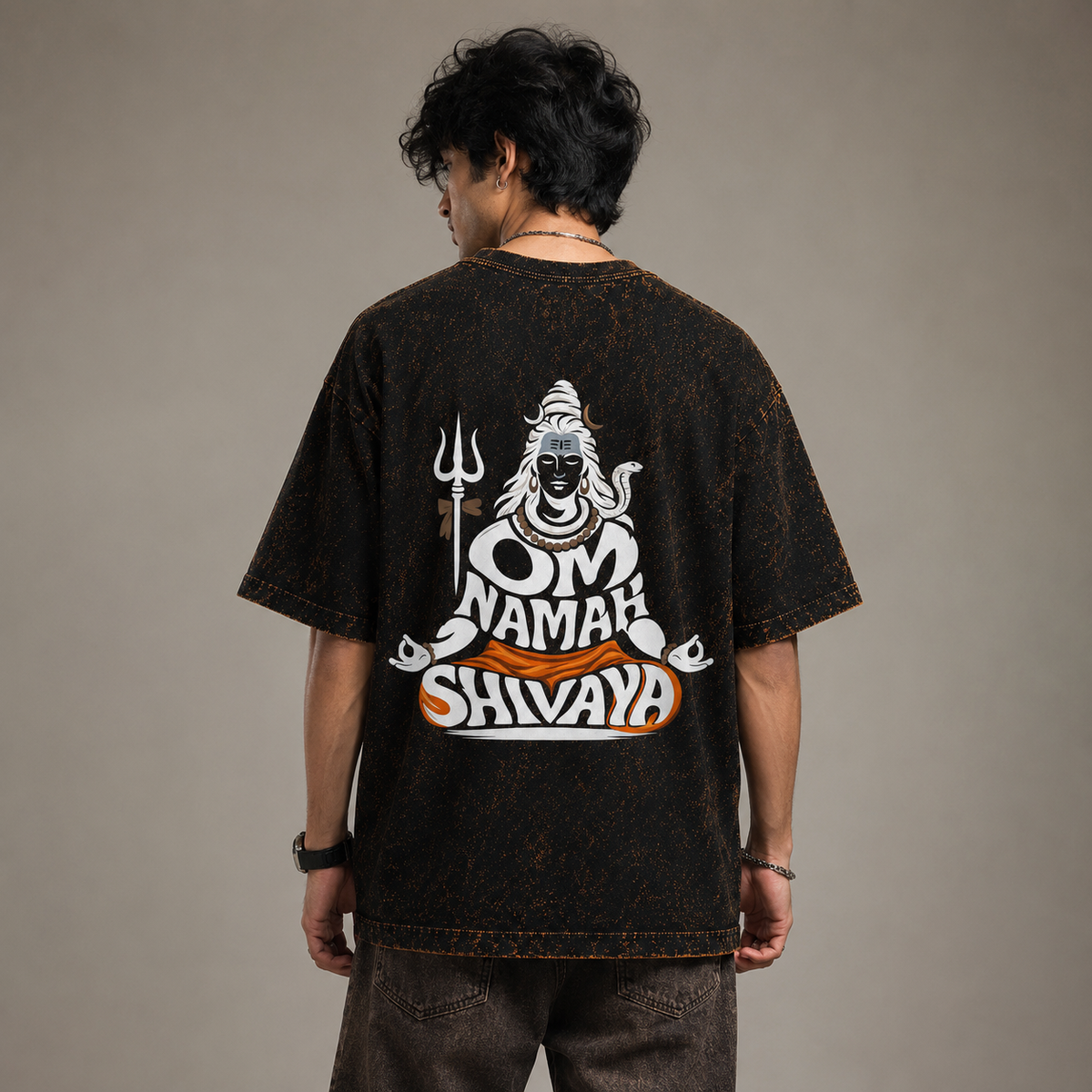 Mahadev Trishul Sanskrit Acid Wash Oversized T-Shirt – Shiva Spiritual Back Print Tee