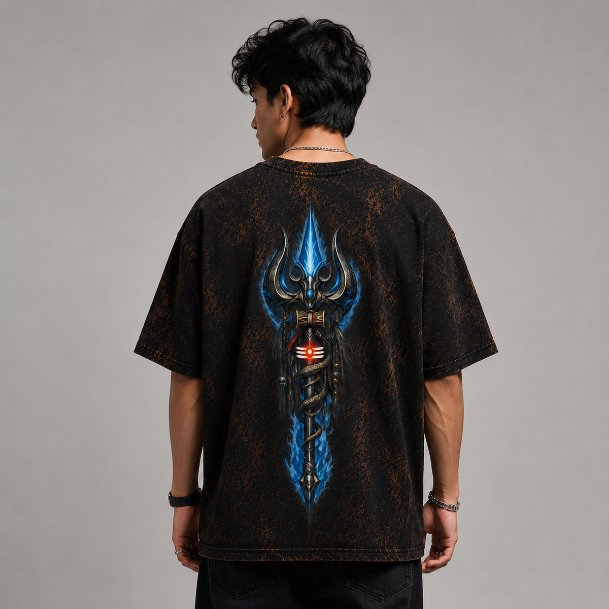 Men's Acid Wash Oversized T-Shirt with Blue Trishul Graphic – Premium Streetwear Tee