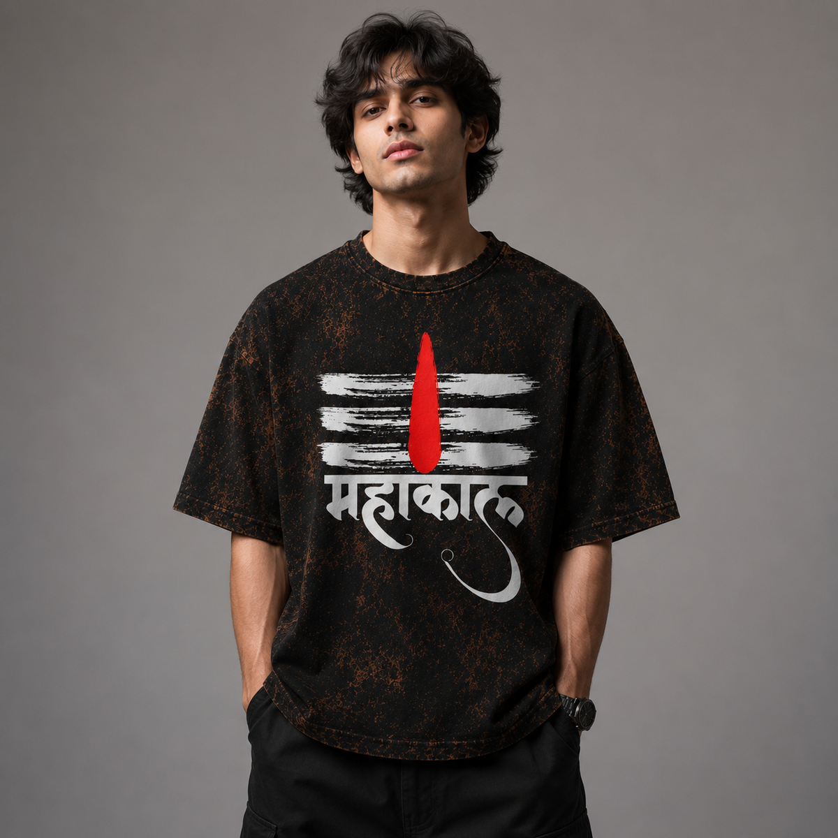 Mahakal Tripund Tilak Acid Wash Oversized T-Shirt – Shiva Devotional Graphic Tee