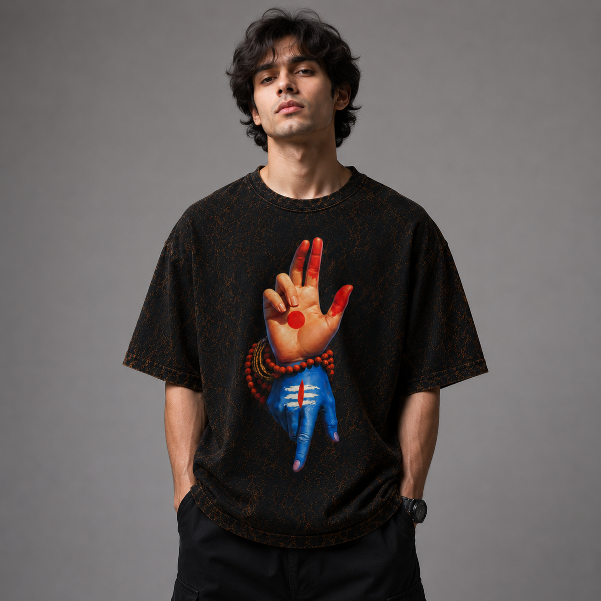 Mahadev Shiva Hand Mudra Acid Wash Oversized T-Shirt – Spiritual Graphic Streetwear Tee