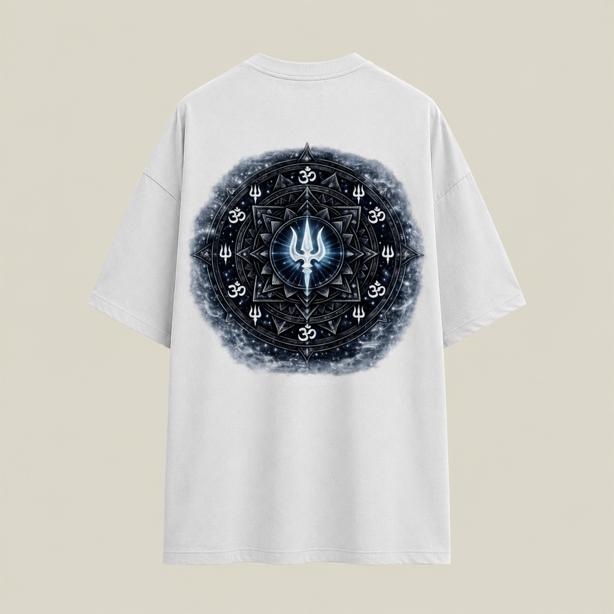 Mahadev Trishul Front & Back Printed T-Shirt – Spiritual Shiva Graphic Tee, Premium Cotton Unisex Oversized Streetwear, White Round Neck Devotional T-Shirt