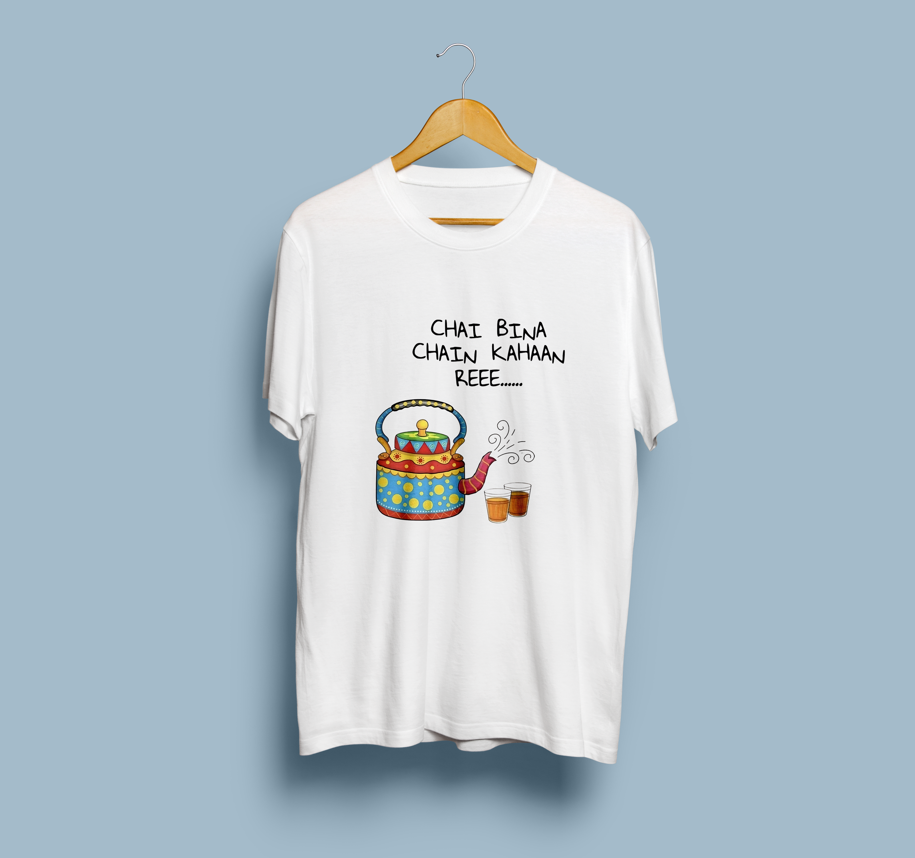 Chai Bina Chain Kahaan Reee Printed White T-Shirt for Men & Women – Funny Indian Chai Lover Graphic Round Neck Half Sleeves Cotton Casual Wear Tee