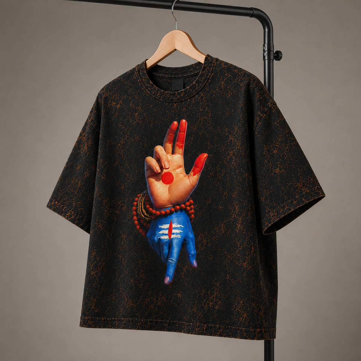 Mahadev Shiva Hand Mudra Acid Wash Oversized T-Shirt – Spiritual Graphic Streetwear Tee
