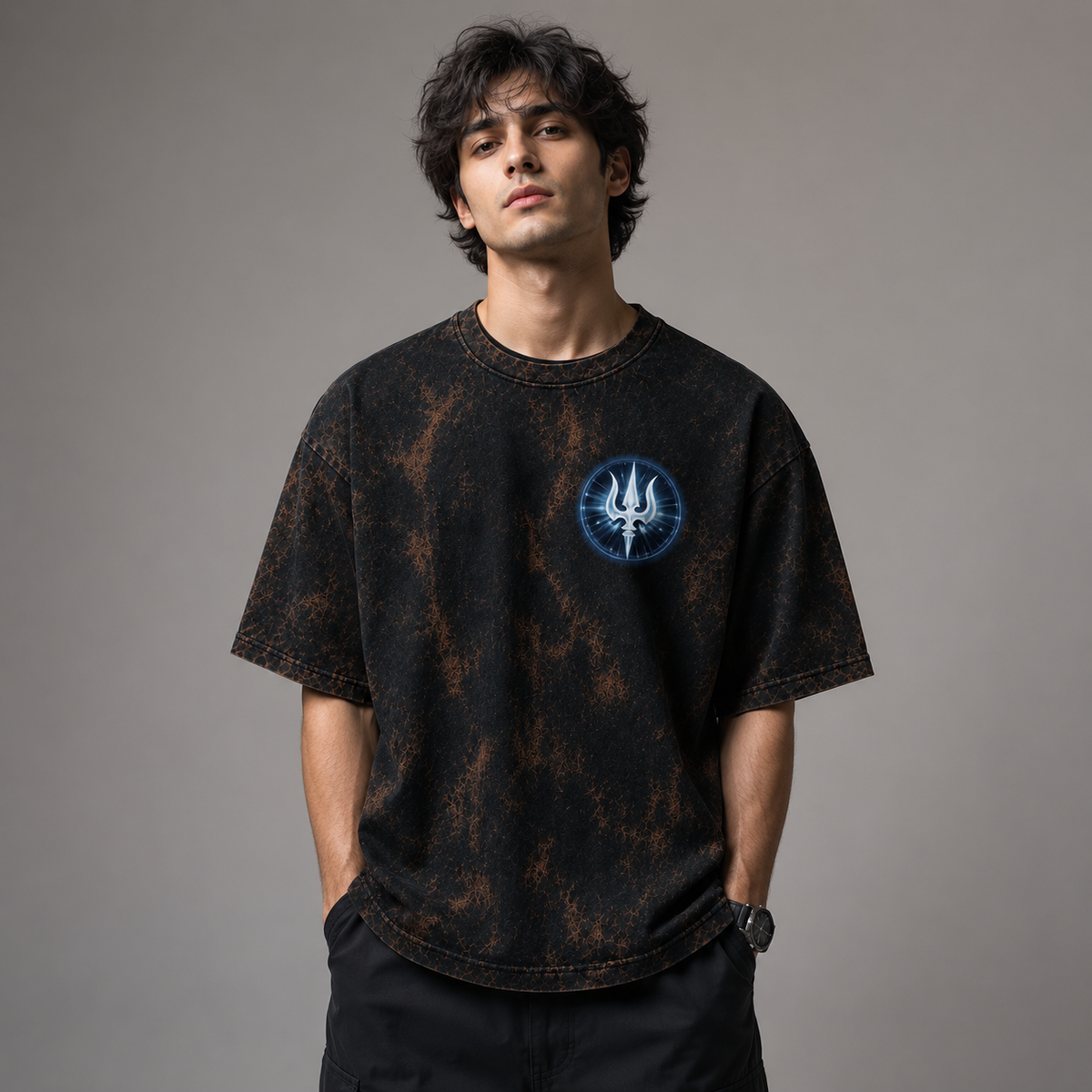 Acid Wash | Mahadev Trishul Front & Back Printed T-Shirt – Spiritual Shiva Graphic Tee, Premium Cotton Unisex Oversized AcidWash Tshirt, Black Round Neck Devotional T-Shirt