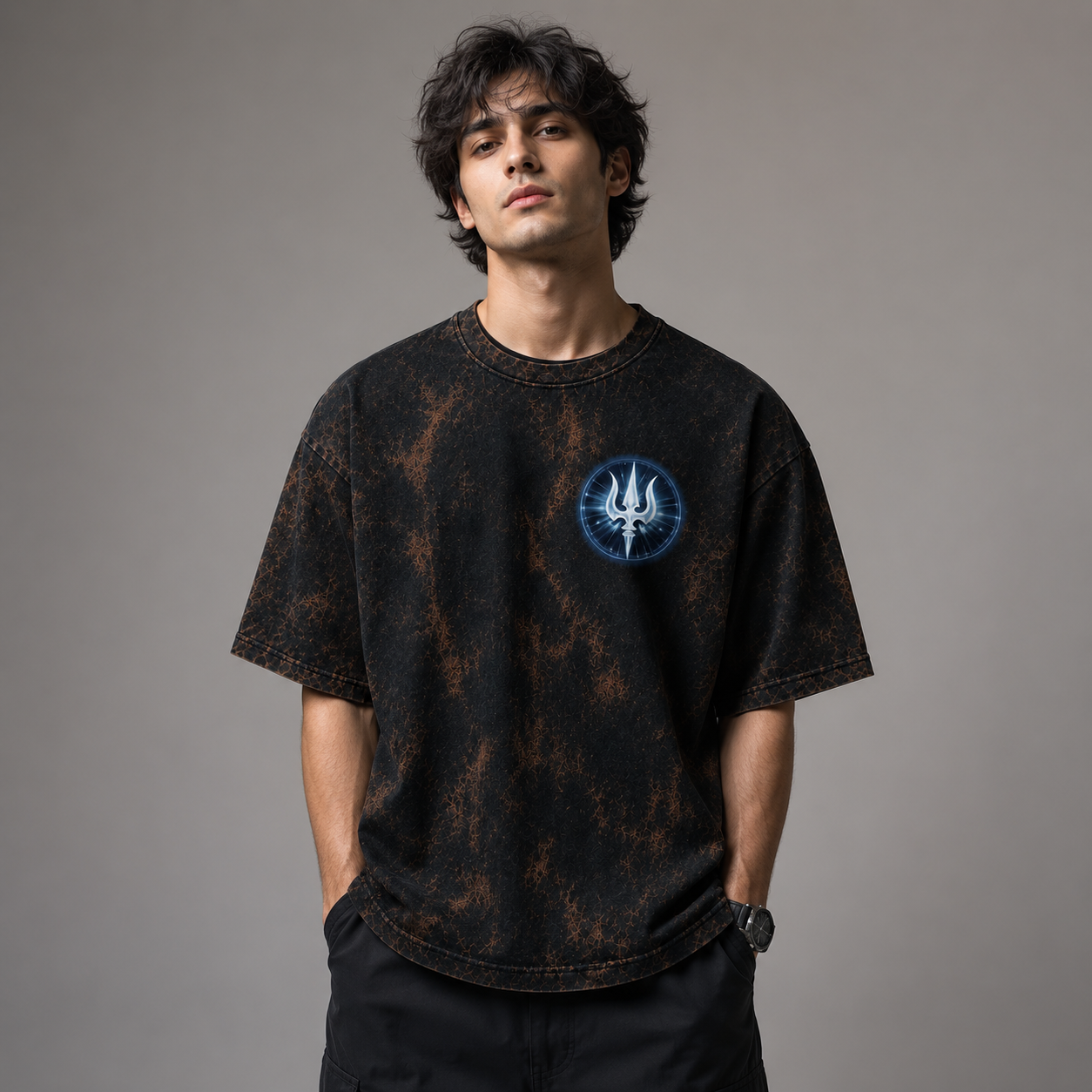 Acid Wash | Mahadev Trishul Front & Back Printed T-Shirt – Spiritual Shiva Graphic Tee, Premium Cotton Unisex Oversized AcidWash Tshirt, Black Round Neck Devotional T-Shirt