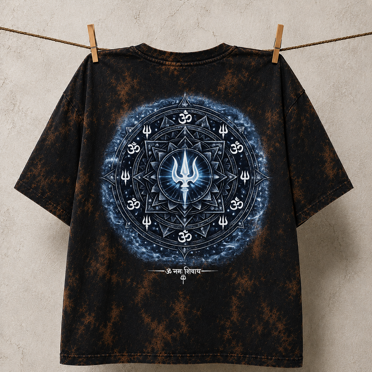 Acid Wash | Mahadev Trishul Front & Back Printed T-Shirt – Spiritual Shiva Graphic Tee, Premium Cotton Unisex Oversized AcidWash Tshirt, Black Round Neck Devotional T-Shirt