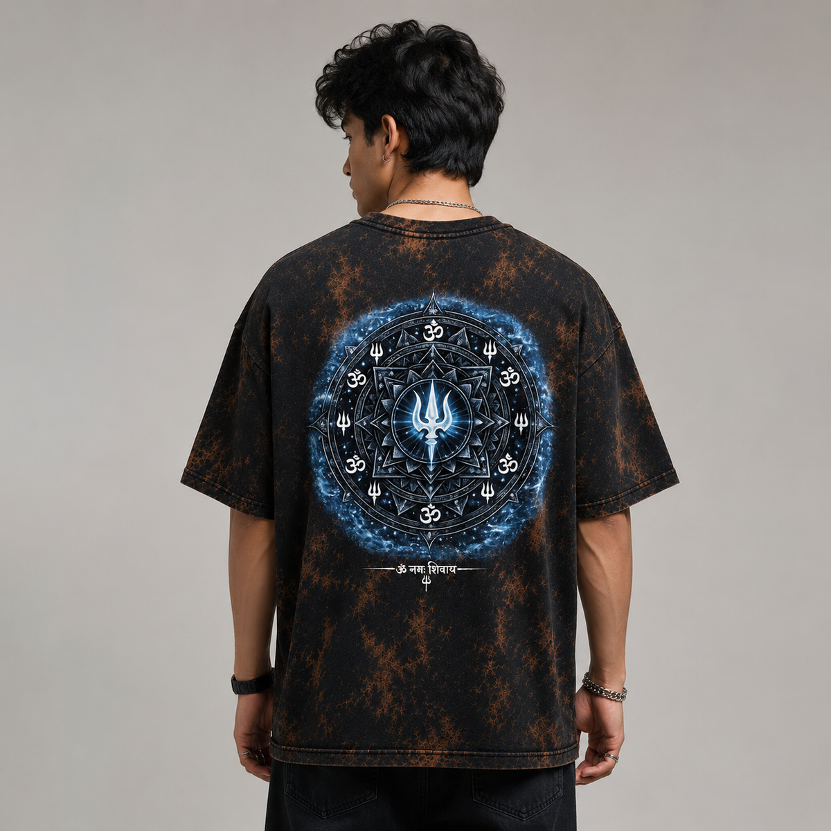 Acid Wash | Mahadev Trishul Front & Back Printed T-Shirt – Spiritual Shiva Graphic Tee, Premium Cotton Unisex Oversized AcidWash Tshirt, Black Round Neck Devotional T-Shirt