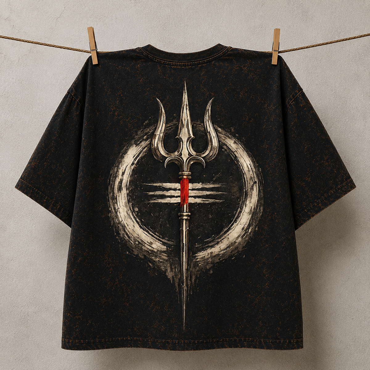 Mahadev Trishul Tripund Acid Wash Oversized T-Shirt – Shiva Spiritual Back Print Tee