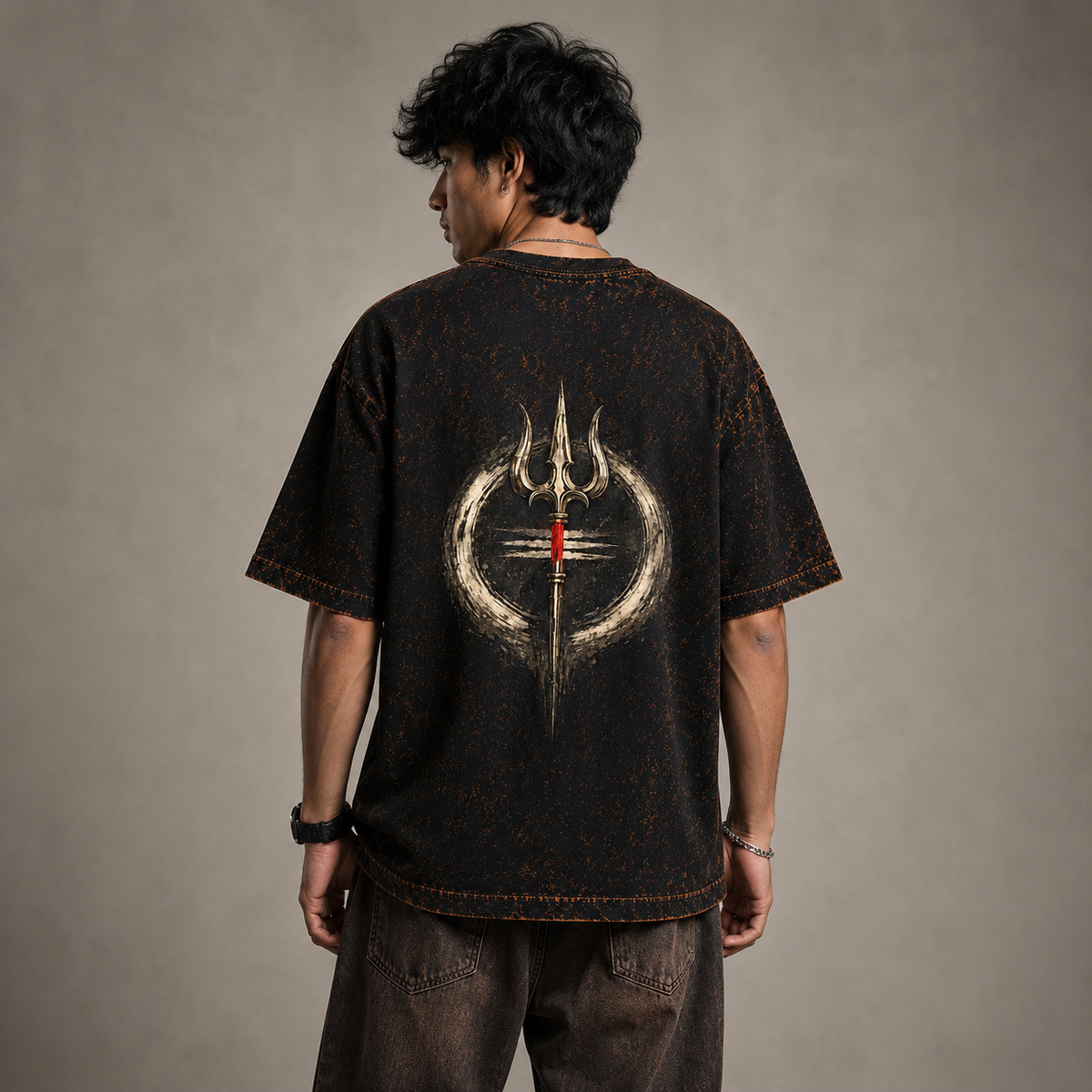 Mahadev Trishul Tripund Acid Wash Oversized T-Shirt – Shiva Spiritual Back Print Tee