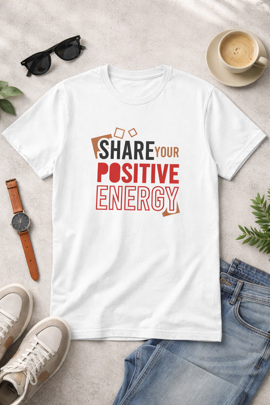 Share Your Positive Energy Printed T-Shirt – Motivational Graphic Tee, Premium Cotton Unisex Casual Wear, Inspirational Quote Shirt, Trendy White Round Neck T-Shirt