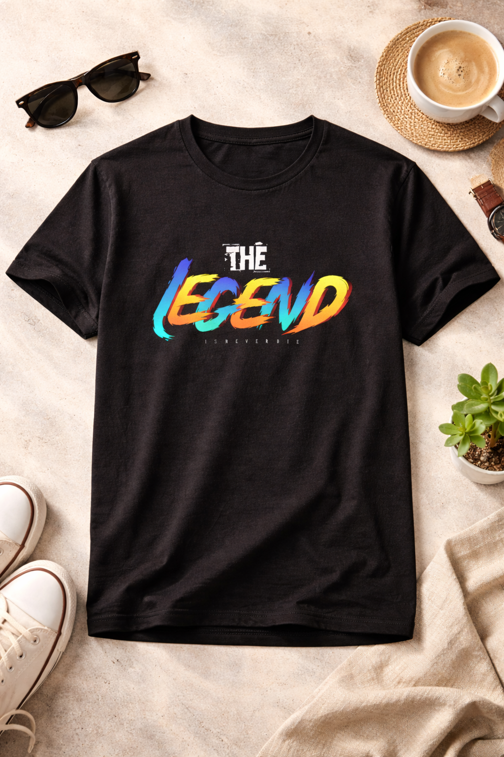 The Legend Is Never Die Printed T-Shirt – Bold Typography Graphic Tee, Premium Cotton Unisex Casual Wear, Motivational Streetwear Shirt, Stylish Black Round Neck T-Shirt