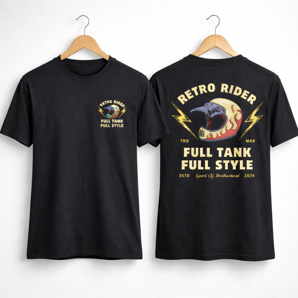 Retro Rider Full Tank Full Style Printed T-Shirt – Biker Graphic Tee, Premium Cotton Unisex Motorcycle Shirt, Front & Back Print Streetwear, Stylish Black Round Neck T-Shirt