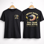 Retro Rider Full Tank Full Style Printed T-Shirt – Biker Graphic Tee, Premium Cotton Unisex Motorcycle Shirt, Front & Back Print Streetwear, Stylish Black Round Neck T-Shirt