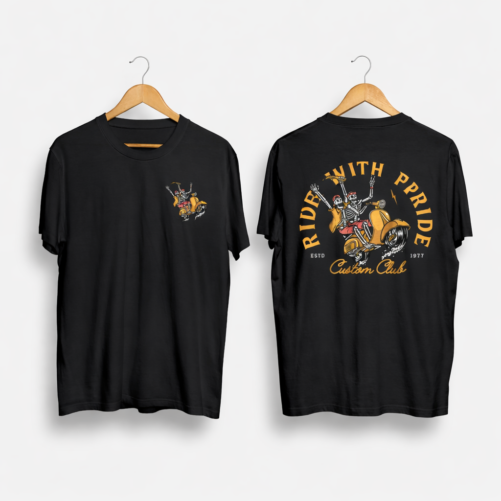 Ride With Pride Custom Club Printed T-Shirt – Skeleton Biker Graphic Tee, Premium Cotton Unisex Motorcycle Shirt, Front & Back Print Streetwear, Stylish Black Round Neck T-Shirt