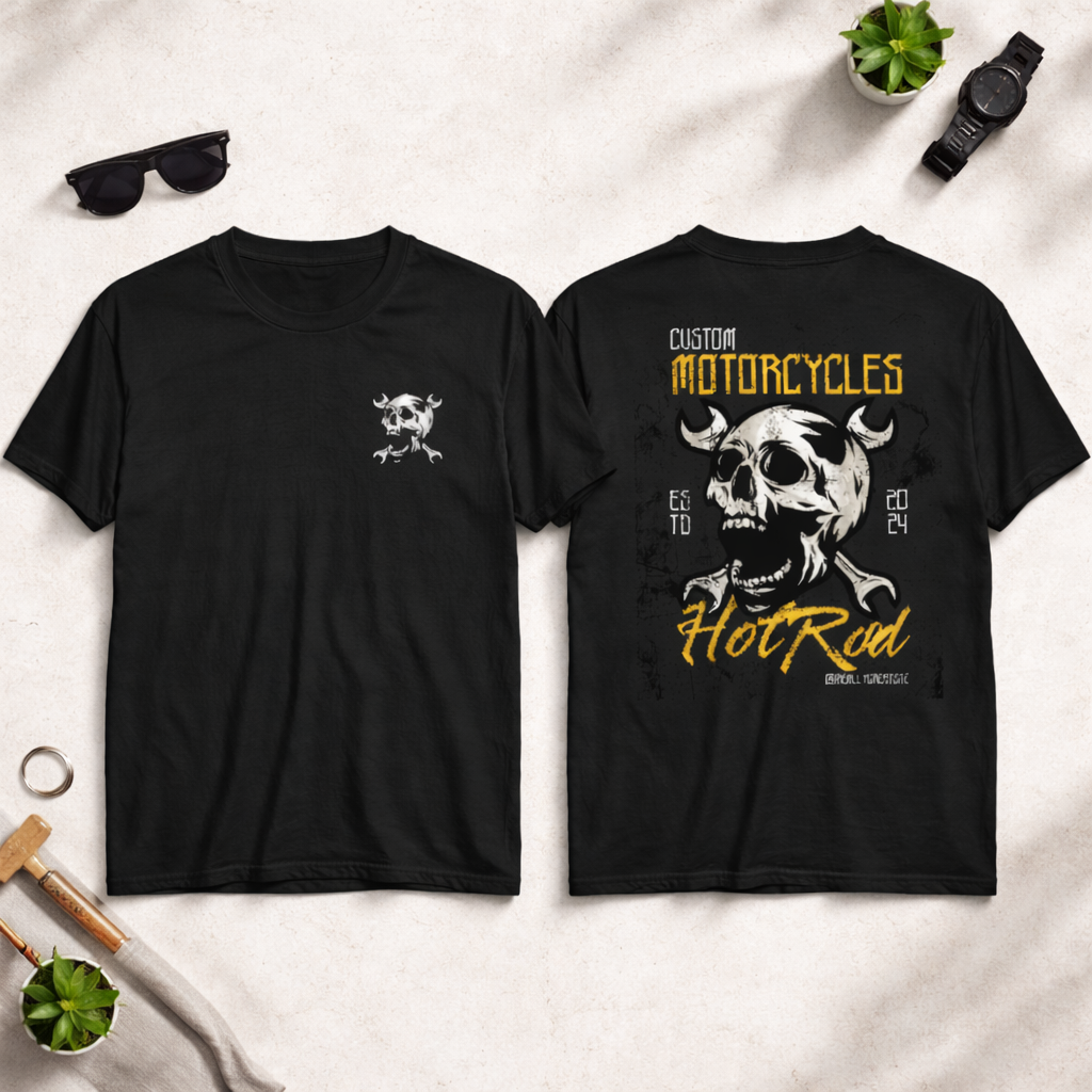 Motorcycles Hot Rod Skull Front & Back Print Unisex T-Shirt - 1 PCS