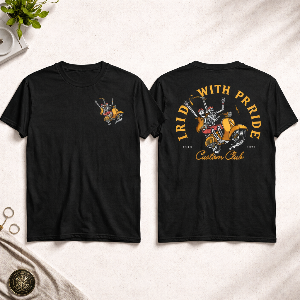 Ride With Pride Custom Club Printed T-Shirt – Skeleton Biker Graphic Tee, Premium Cotton Unisex Motorcycle Shirt, Front & Back Print Streetwear, Stylish Black Round Neck T-Shirt