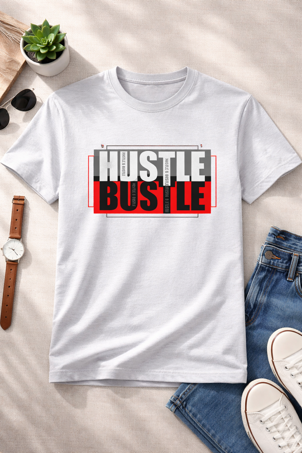 Hustle Bustle Graphic T-Shirt for Men & Women, Motivational Streetwear Tee, Casual Cotton Printed T Shirt, Trendy Typography Design Shirt, Stylish Everyday Wear Clothing