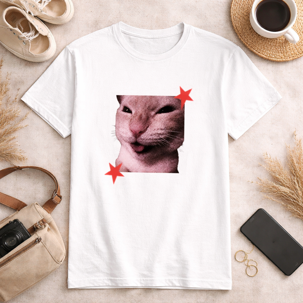 Funny Cat Graphic Printed White T-Shirt for Men & Women – Cute Meme Cat Face Design Round Neck Half Sleeves Cotton Casual Streetwear Unisex Tee