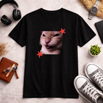 Funny Cat Graphic Printed Black T-Shirt for Men & Women – Cute Meme Cat Face Design Round Neck Half Sleeves Casual Streetwear Unisex Tee