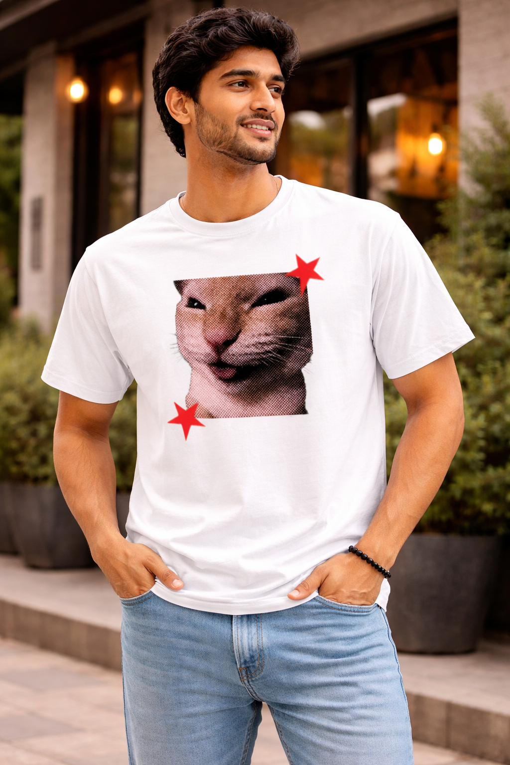 Funny Cat Graphic Printed White T-Shirt for Men & Women – Cute Meme Cat Face Design Round Neck Half Sleeves Cotton Casual Streetwear Unisex Tee