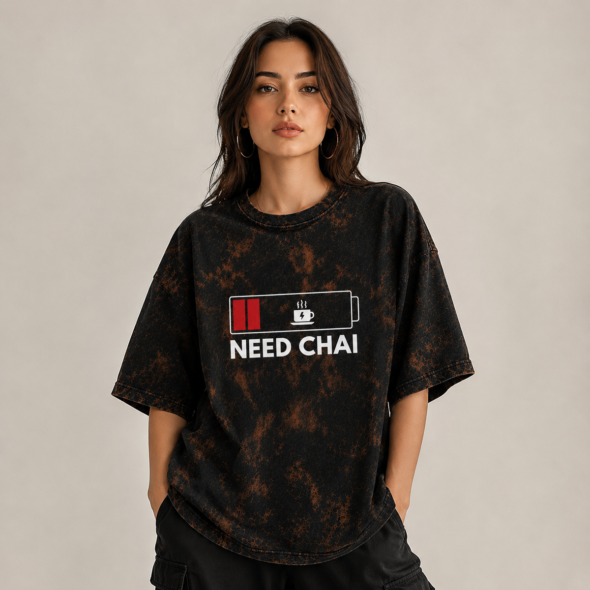 Need Chai Battery Graphic Acid Wash T-Shirt – Funny Coffee & Tea Lover Unisex Tee
