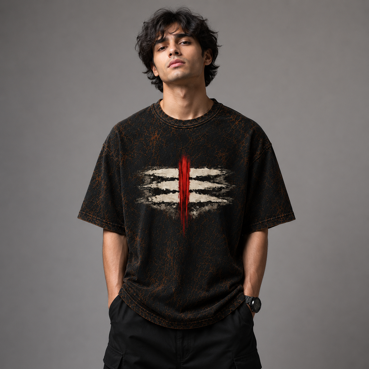 Mahadev Trishul Tripund Acid Wash Oversized T-Shirt – Shiva Spiritual Back Print Tee